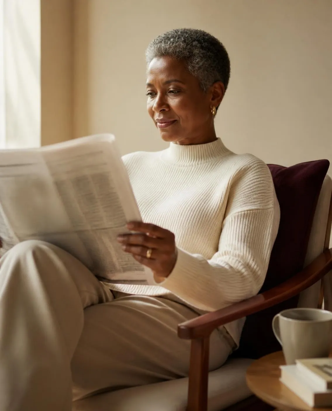 Executiva lendo um jornal de negócios