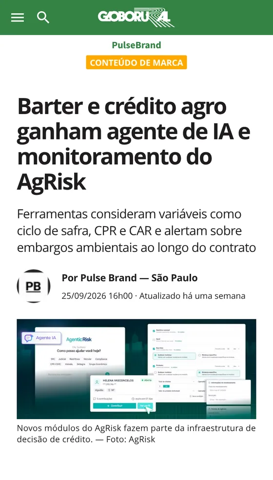 Matéria publicada em Globo Rural: AgRisk