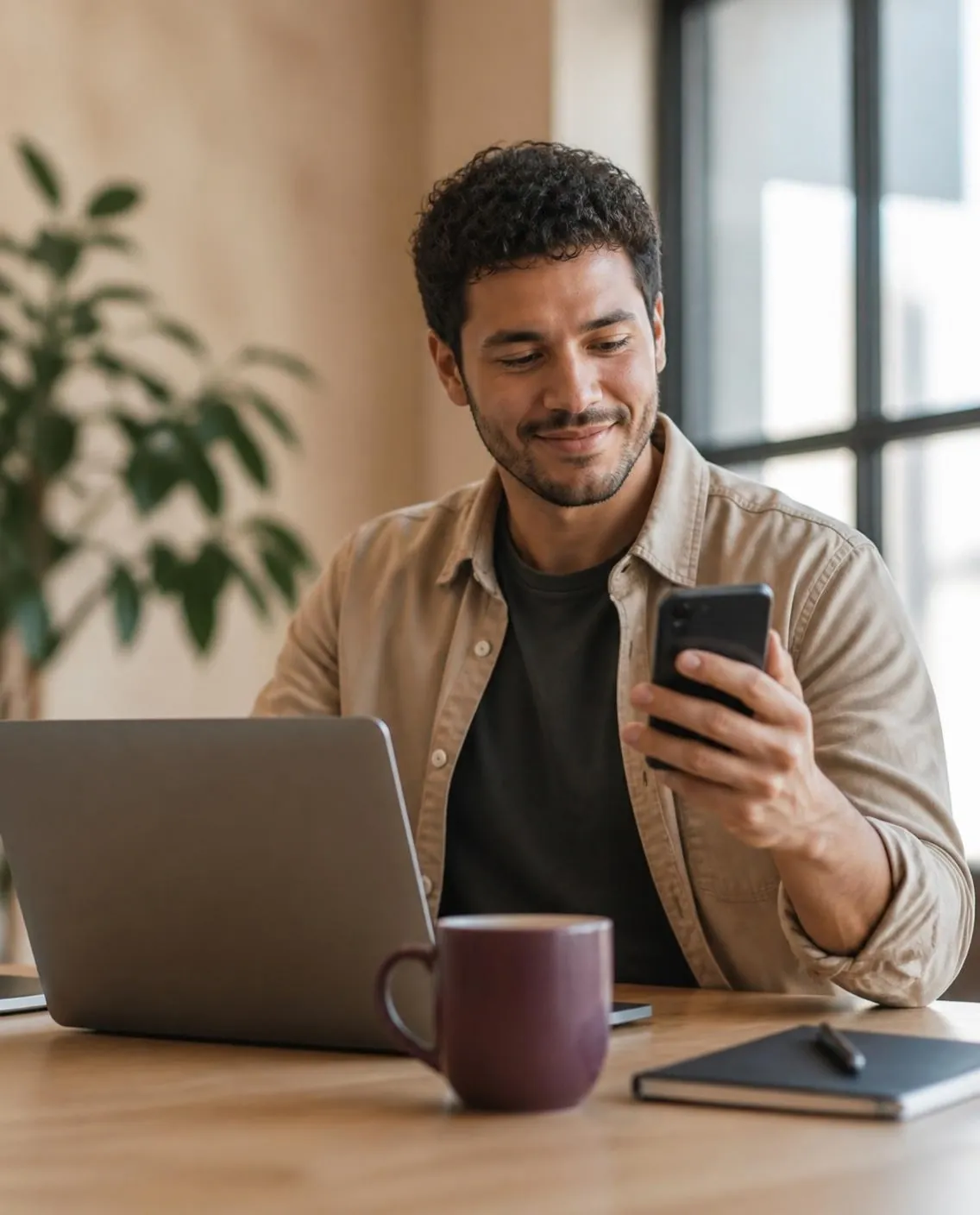 Fundador de empresa de tecnologia vendo a matéria publicada no celular